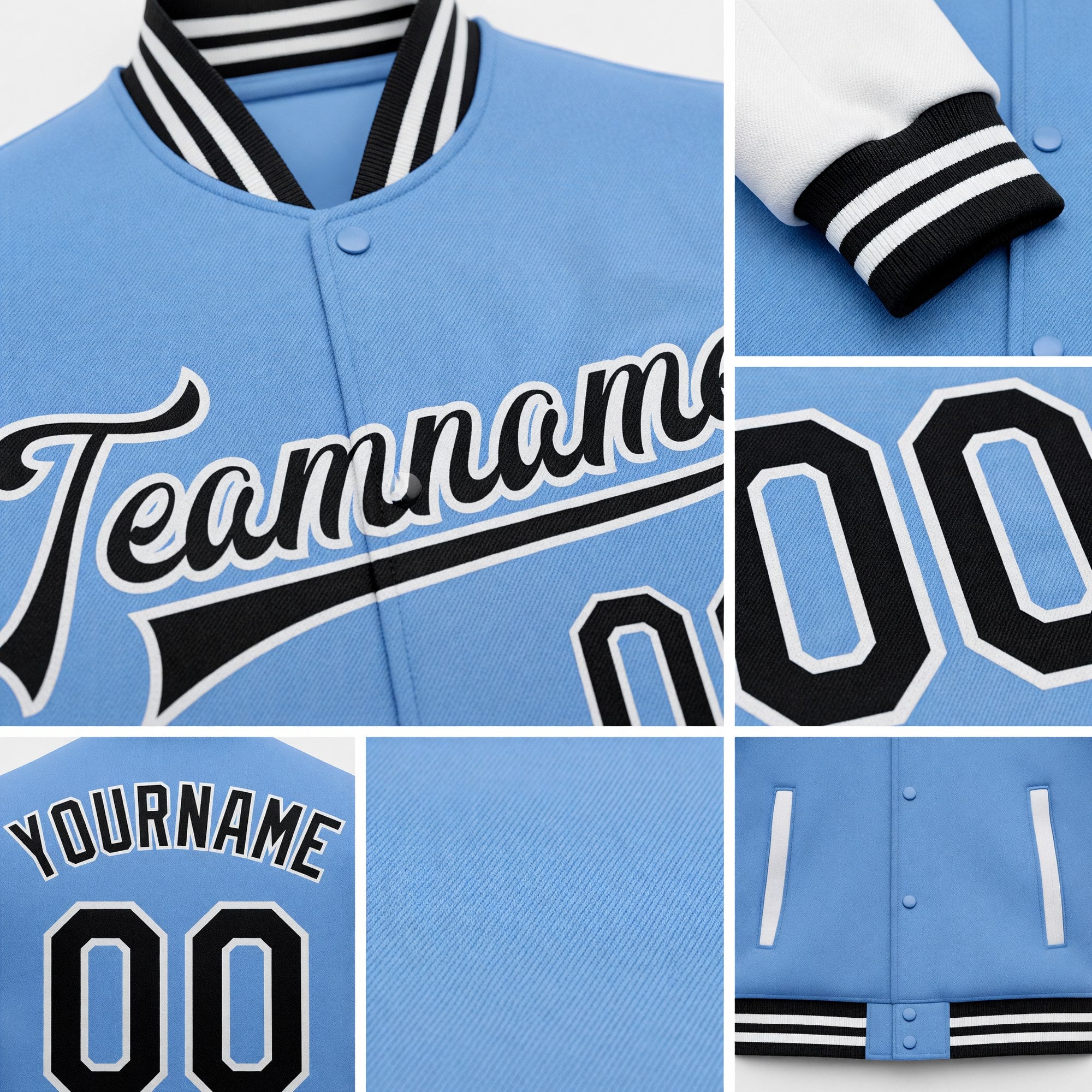 Custom Light Blue Black-White Bomber Full-Snap Varsity Letterman Two Tone Jacket detail