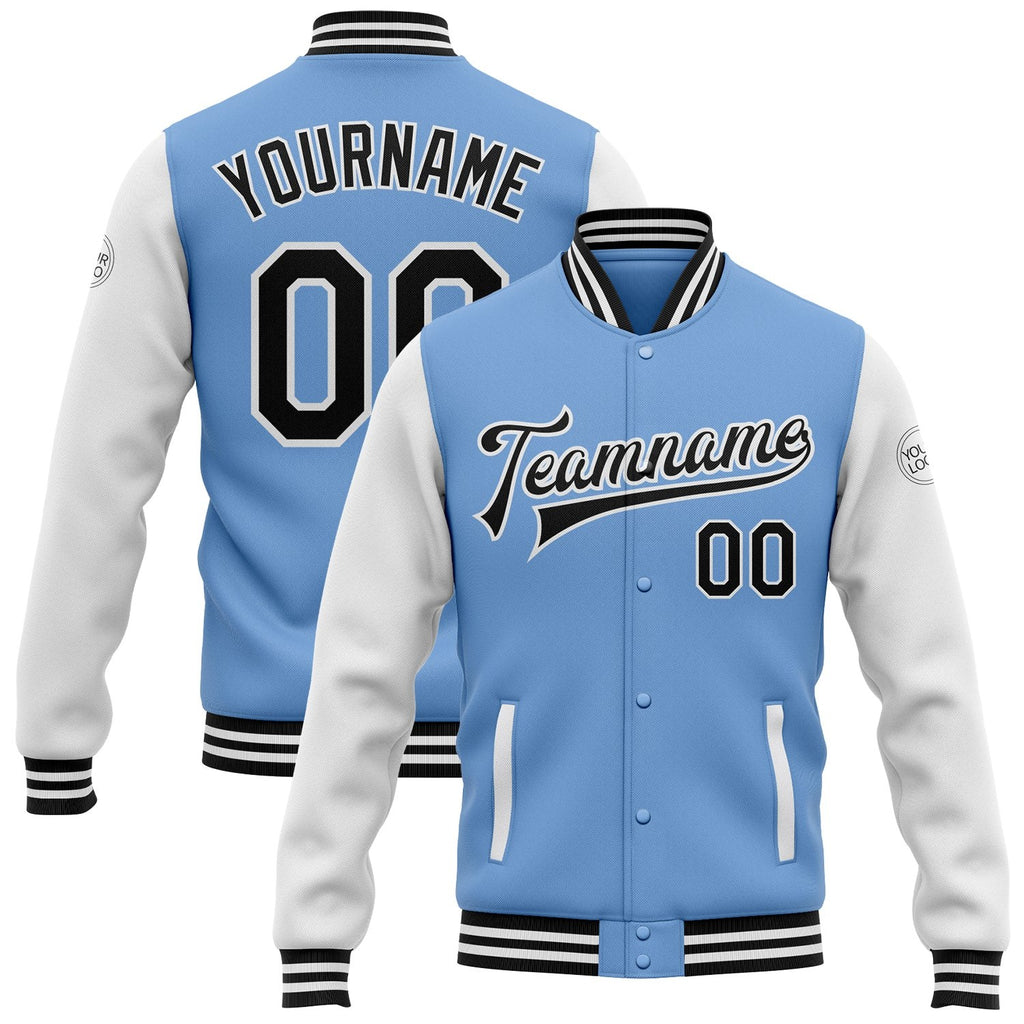 Custom Light Blue Black-White Bomber Full-Snap Varsity Letterman Two Tone Jacket photo 1
