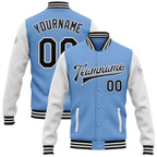 Custom Light Blue Black-White Bomber Full-Snap Varsity Letterman Two Tone Jacket photo 1