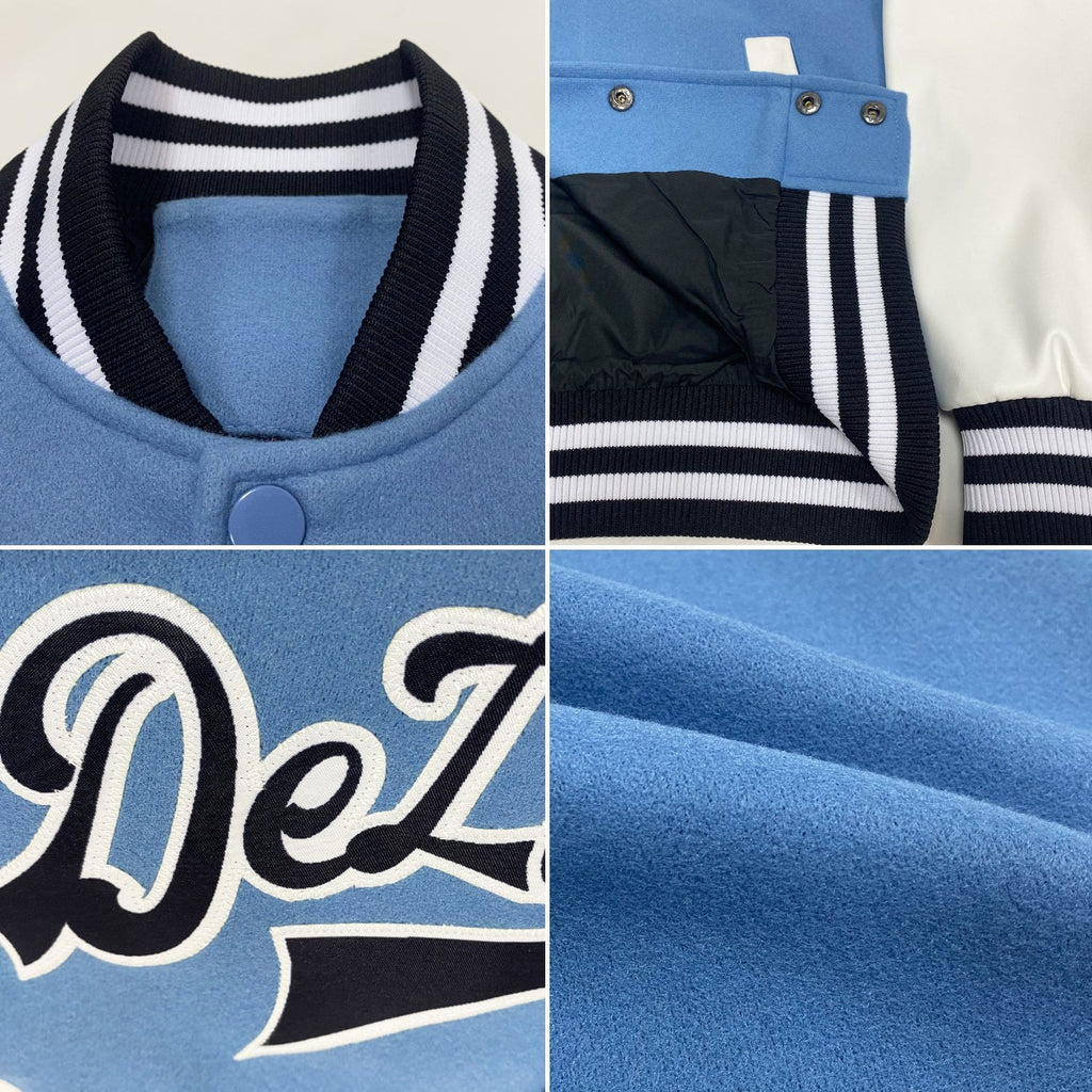 Custom Light Blue Black-White Bomber Full-Snap Varsity Letterman Two Tone Jacket photo 4