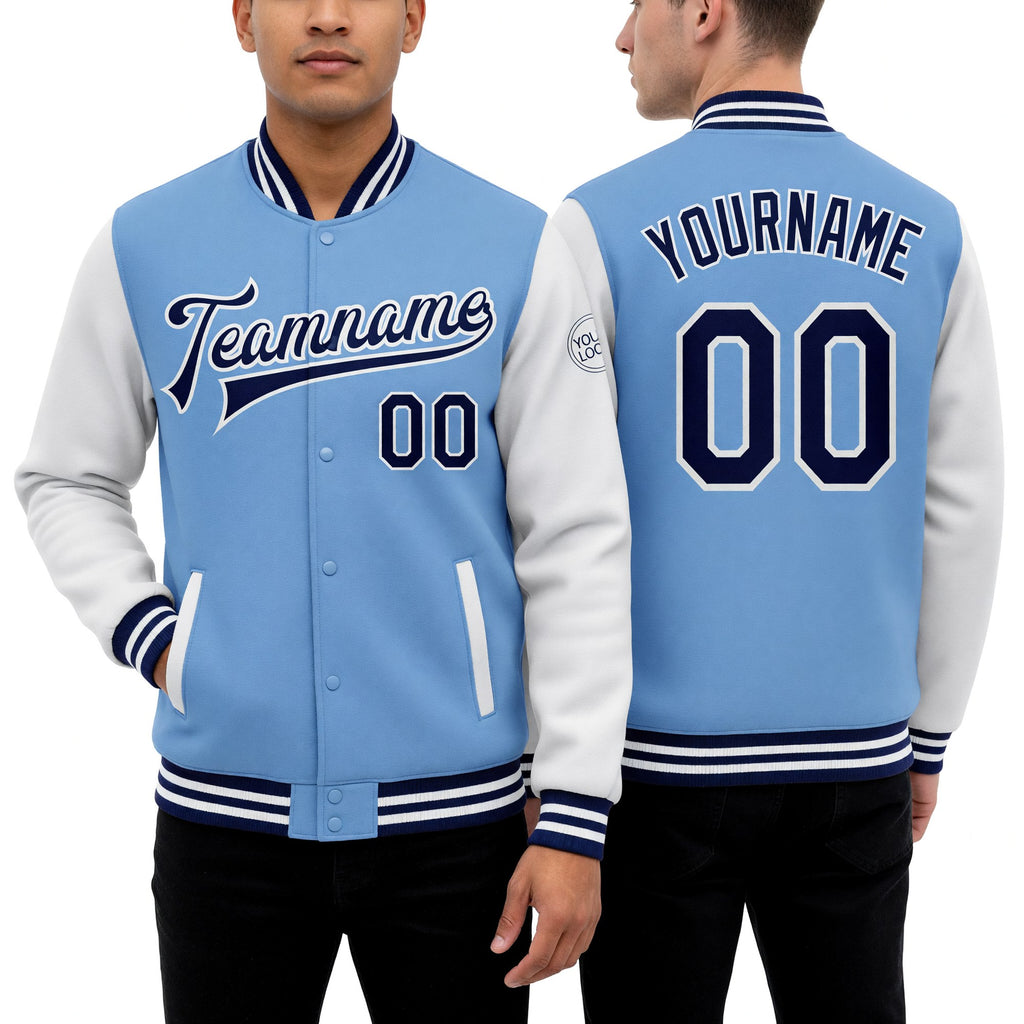 Custom Light Blue Navy-White Bomber Full-Snap Varsity Letterman Two Tone Jacket worn front and back