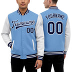 Custom Light Blue Navy-White Bomber Full-Snap Varsity Letterman Two Tone Jacket worn front and back