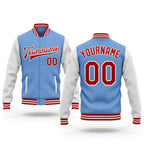 Custom Light Blue Red-White Bomber Full-Snap Varsity Letterman Two Tone Jacket