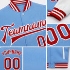 Custom Light Blue Red-White Bomber Full-Snap Varsity Letterman Two Tone Jacket detail