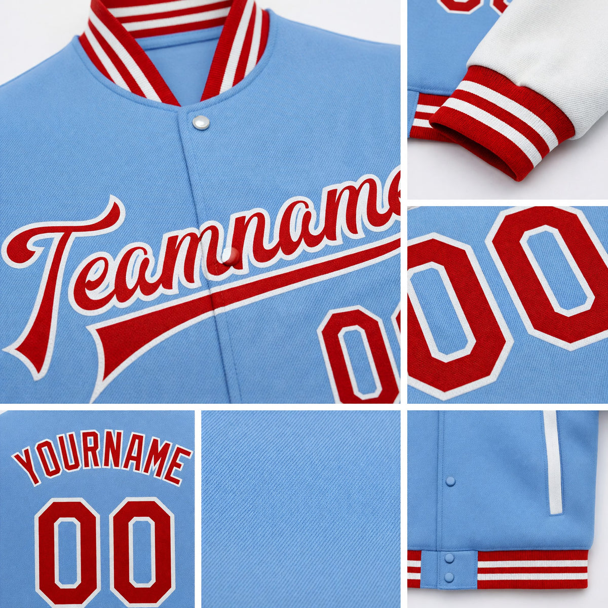 Custom Light Blue Red-White Bomber Full-Snap Varsity Letterman Two Tone Jacket detail