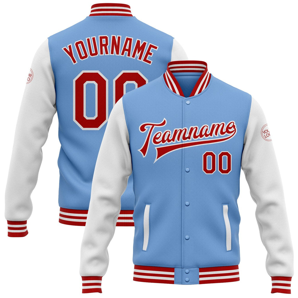 Custom Light Blue Red-White Bomber Full-Snap Varsity Letterman Two Tone Jacket photo 1