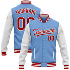 Custom Light Blue Red-White Bomber Full-Snap Varsity Letterman Two Tone Jacket photo 1