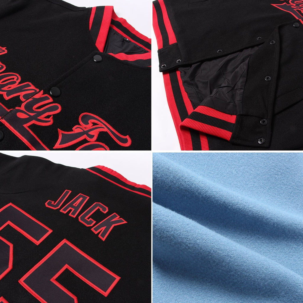 Custom Light Blue Red-White Bomber Full-Snap Varsity Letterman Two Tone Jacket photo 4