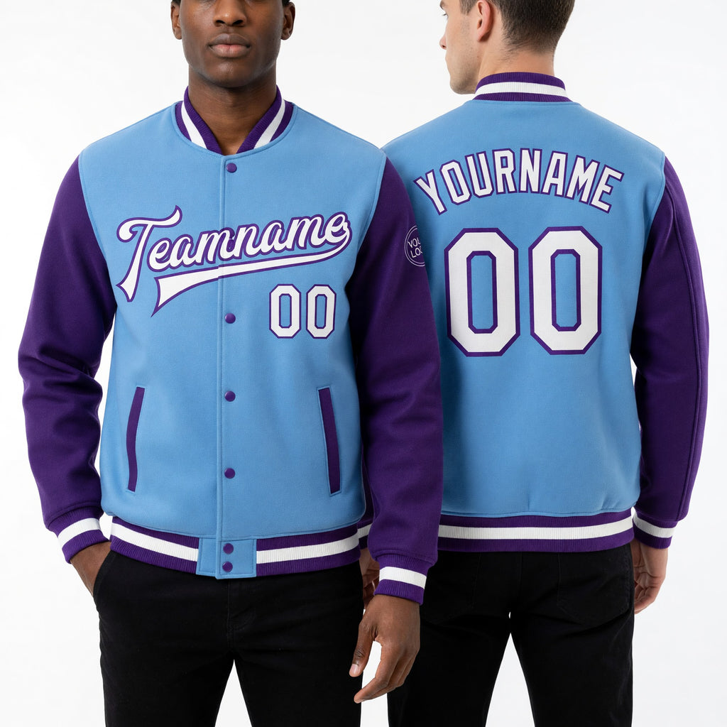 Custom Light Blue White-Purple Bomber Full-Snap Varsity Letterman Two Tone Jacket worn front and back