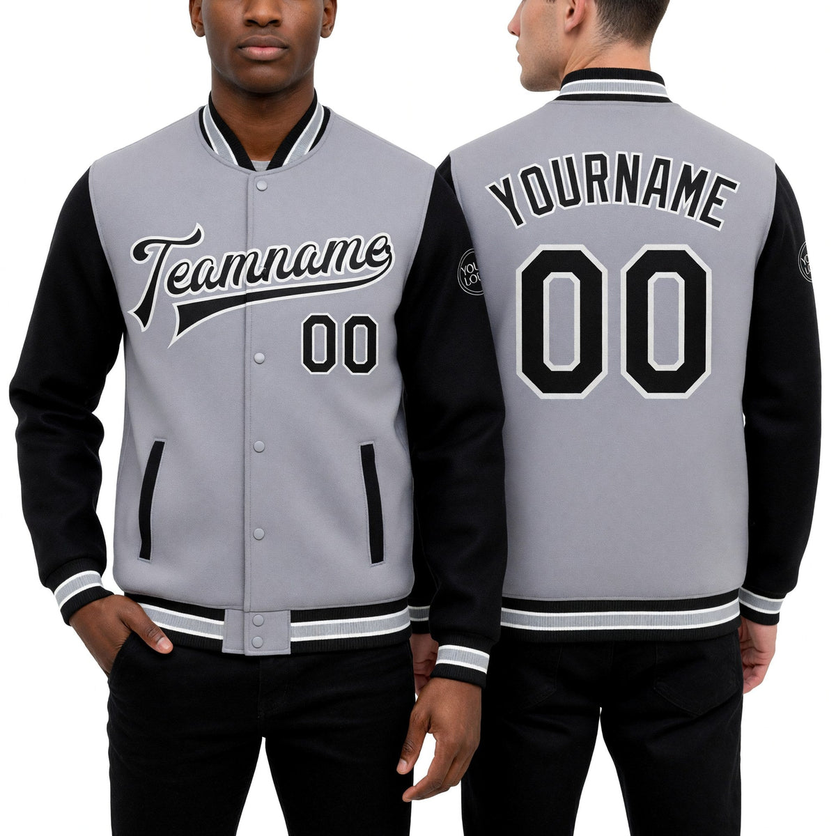 Custom Gray Black-White Bomber Full-Snap Varsity Letterman Two Tone Jacket worn front and back