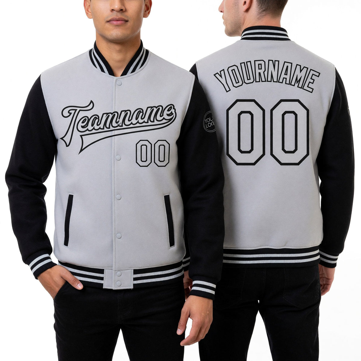Custom Gray Black Bomber Full-Snap Varsity Letterman Two Tone Jacket worn front and back
