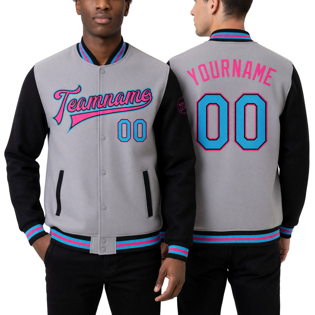 Custom Gray Sky Blue Black-Pink Bomber Full-Snap Varsity Letterman Two Tone Jacket worn front and back