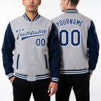 Custom Gray Royal-White Bomber Full-Snap Varsity Letterman Two Tone Jacket worn front and back