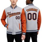 Custom Gray Navy-Texas Orange Bomber Full-Snap Varsity Letterman Two Tone Jacket worn front and back