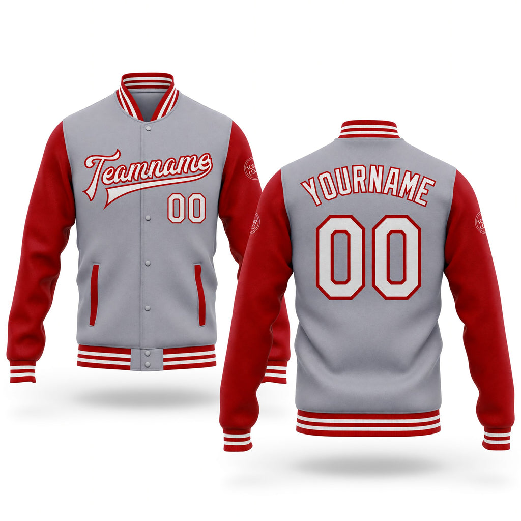 Custom Gray White-Red Bomber Full-Snap Varsity Letterman Two Tone Jacket