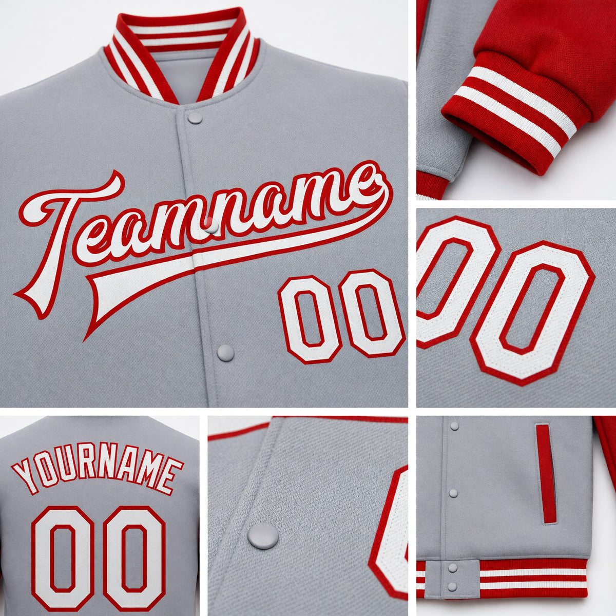 Custom Gray White-Red Bomber Full-Snap Varsity Letterman Two Tone Jacket detail