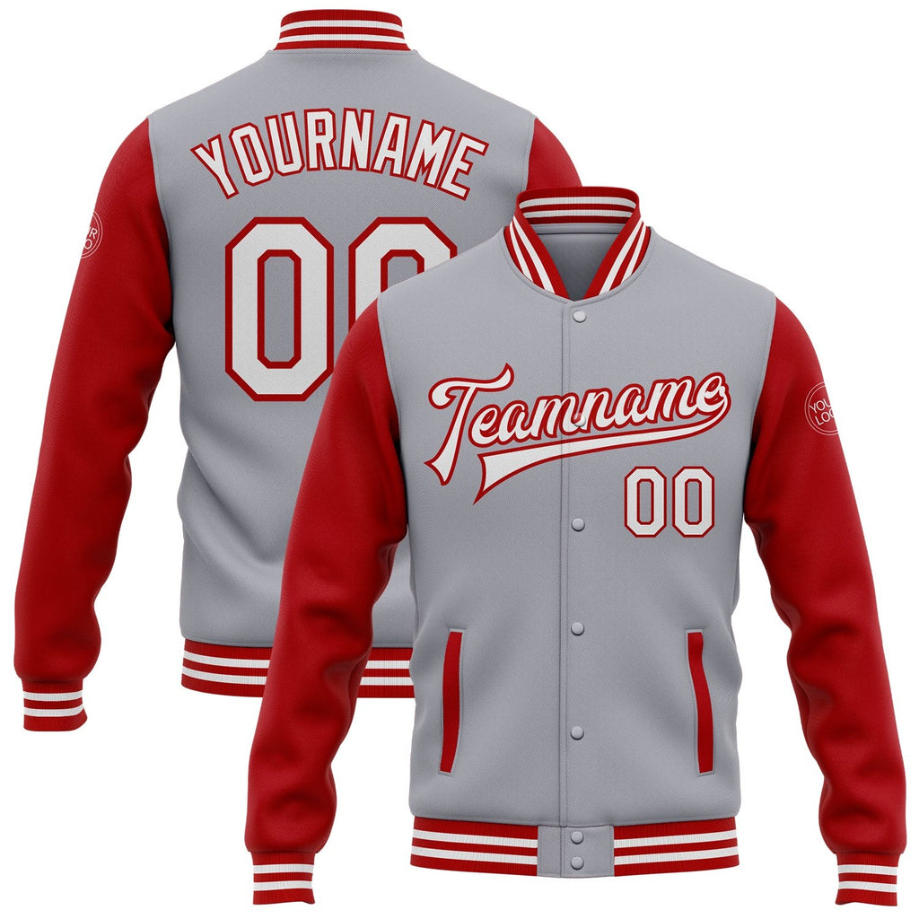 Custom Gray White-Red Bomber Full-Snap Varsity Letterman Two Tone Jacket photo 1