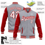 Custom Gray White-Red Bomber Full-Snap Varsity Letterman Two Tone Jacket photo 5