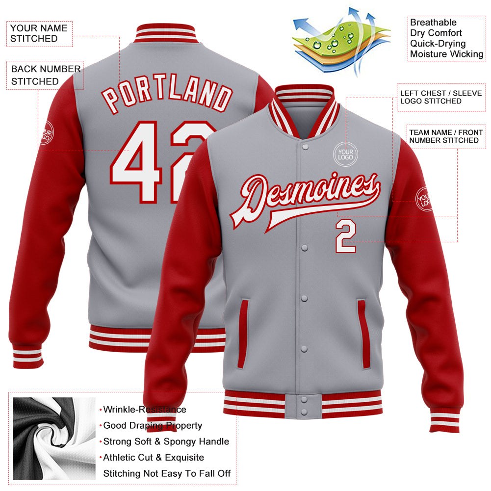 Custom Gray White-Red Bomber Full-Snap Varsity Letterman Two Tone Jacket photo 5