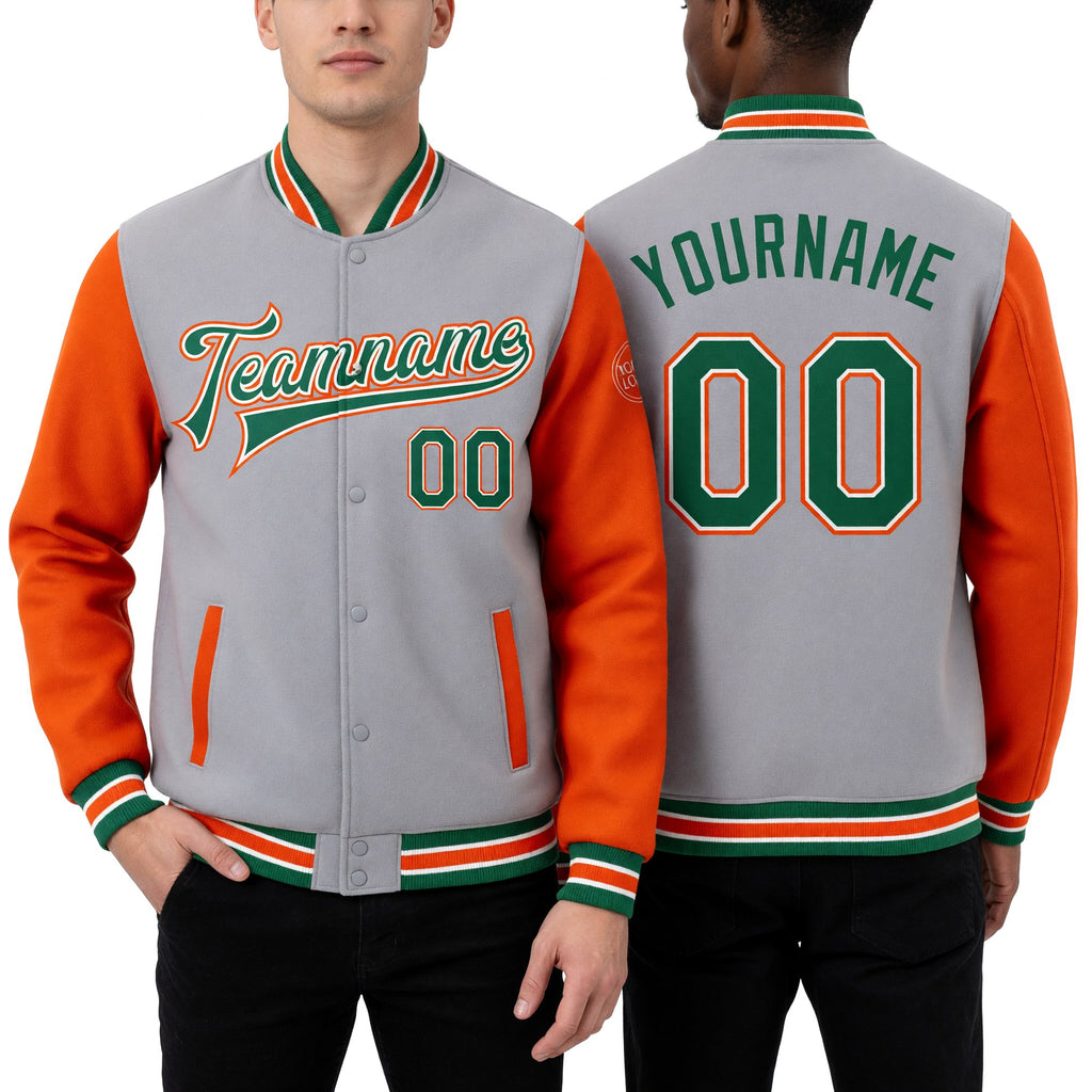 Custom Gray Kelly Green-Orange Bomber Full-Snap Varsity Letterman Two Tone Jacket worn front and back