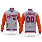 Custom Gray Purple-Orange Bomber Full-Snap Varsity Letterman Two Tone Jacket