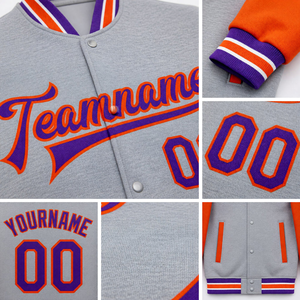 Custom Gray Purple-Orange Bomber Full-Snap Varsity Letterman Two Tone Jacket detail