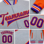 Custom Gray Purple-Orange Bomber Full-Snap Varsity Letterman Two Tone Jacket detail