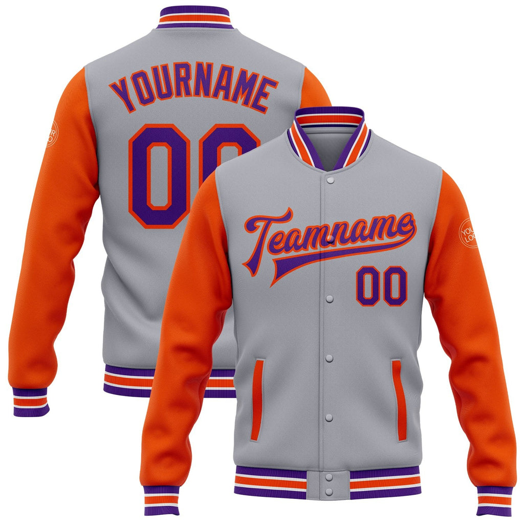 Custom Gray Purple-Orange Bomber Full-Snap Varsity Letterman Two Tone Jacket photo 1