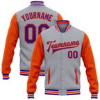 Custom Gray Purple-Orange Bomber Full-Snap Varsity Letterman Two Tone Jacket photo 1