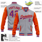 Custom Gray Purple-Orange Bomber Full-Snap Varsity Letterman Two Tone Jacket photo 5