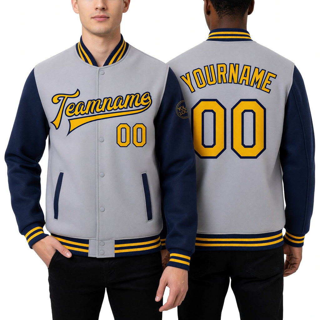 Custom Gray Gold-Navy Bomber Full-Snap Varsity Letterman Two Tone Jacket worn front and back
