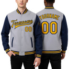 Custom Gray Gold-Navy Bomber Full-Snap Varsity Letterman Two Tone Jacket worn front and back