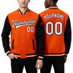 Custom Orange White-Black Bomber Full-Snap Varsity Letterman Two Tone Jacket worn front and back