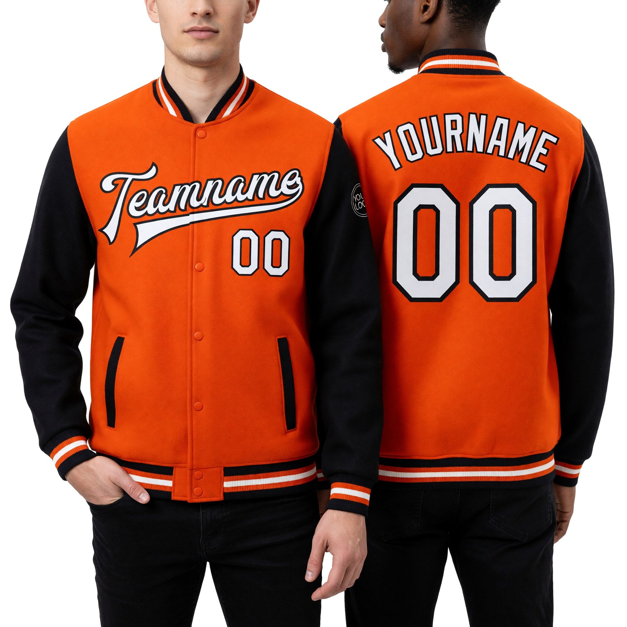 Custom Orange White-Black Bomber Full-Snap Varsity Letterman Two Tone Jacket worn front and back