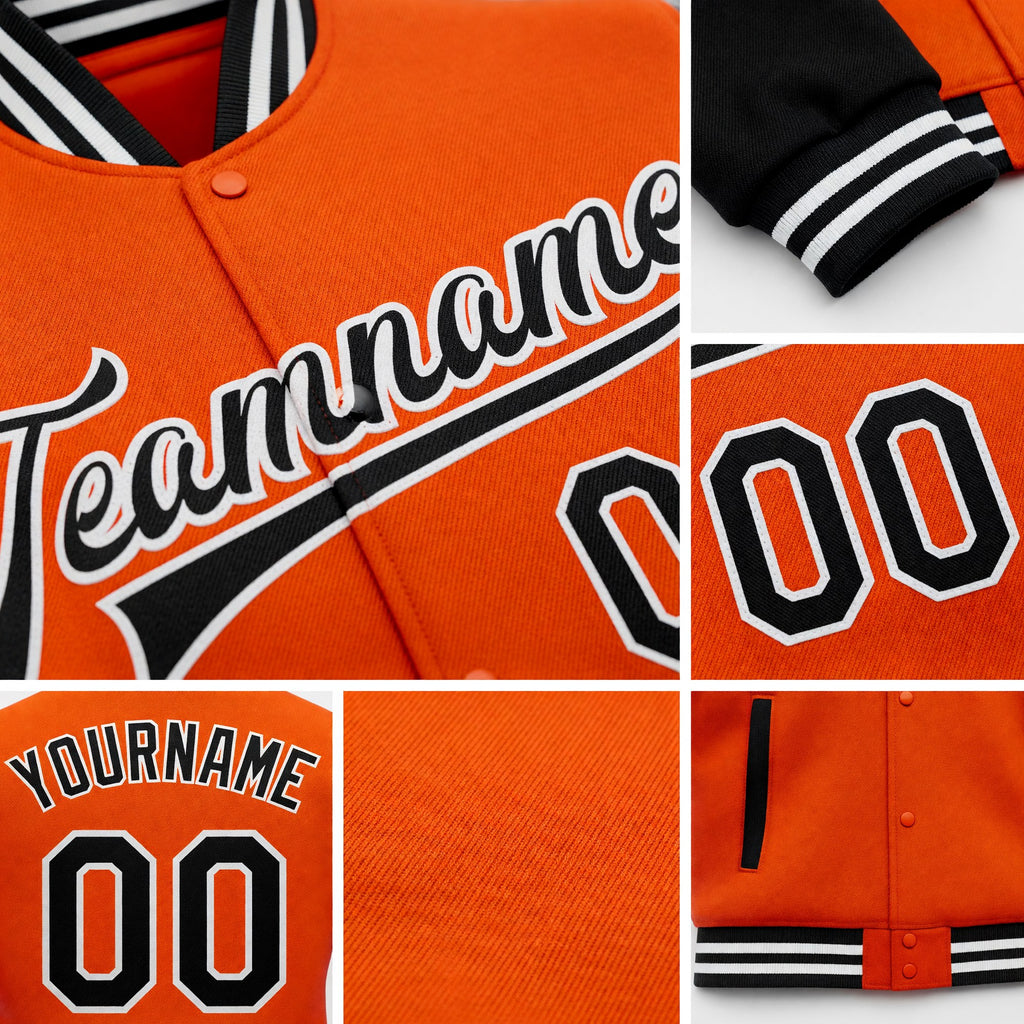 Custom Orange Black-White Bomber Full-Snap Varsity Letterman Two Tone Jacket detail