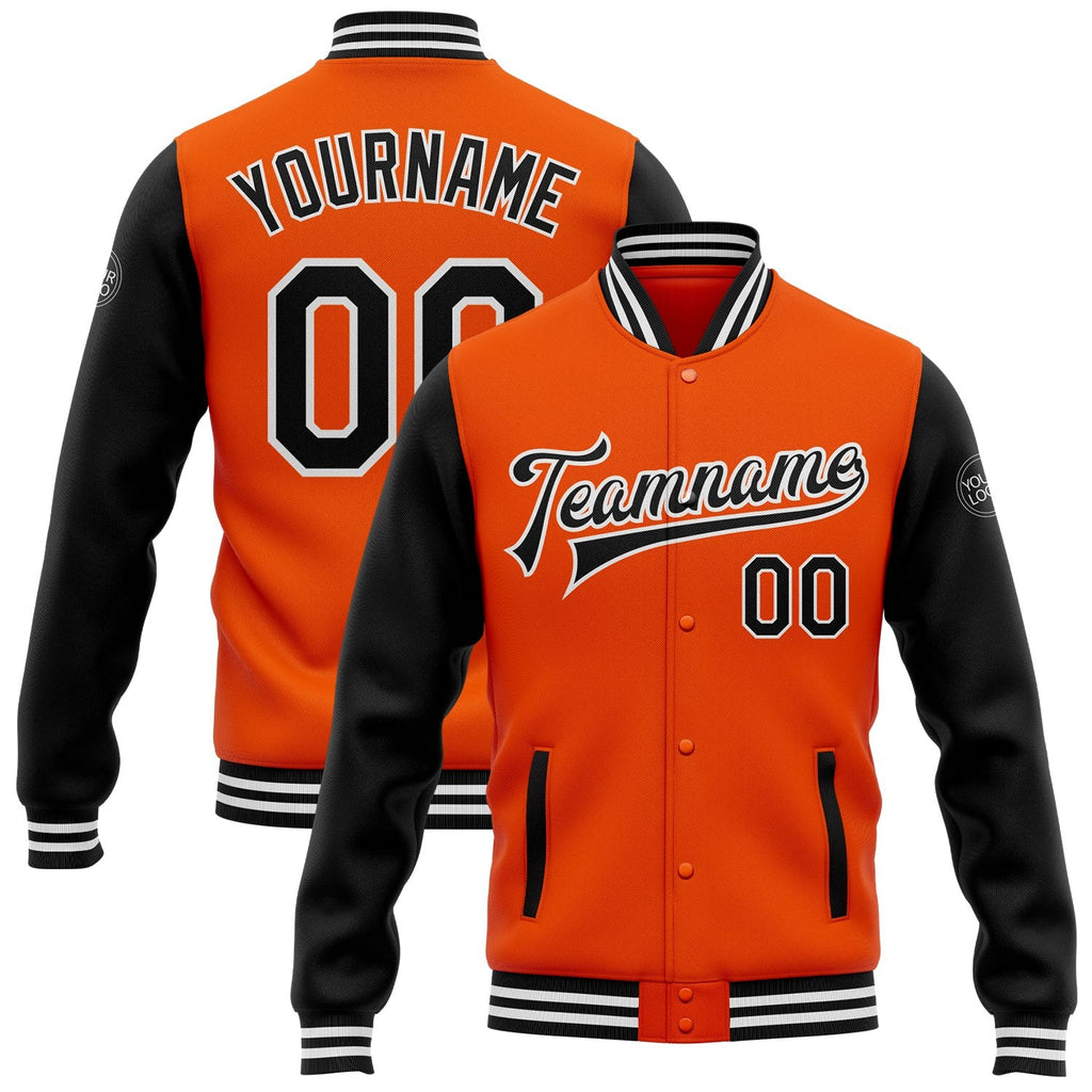 Custom Orange Black-White Bomber Full-Snap Varsity Letterman Two Tone Jacket photo 1