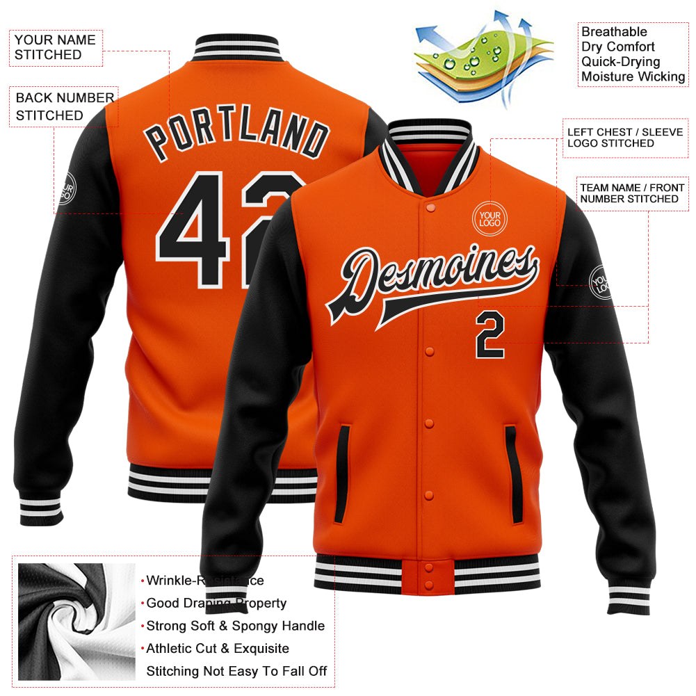 Custom Orange Black-White Bomber Full-Snap Varsity Letterman Two Tone Jacket photo 5