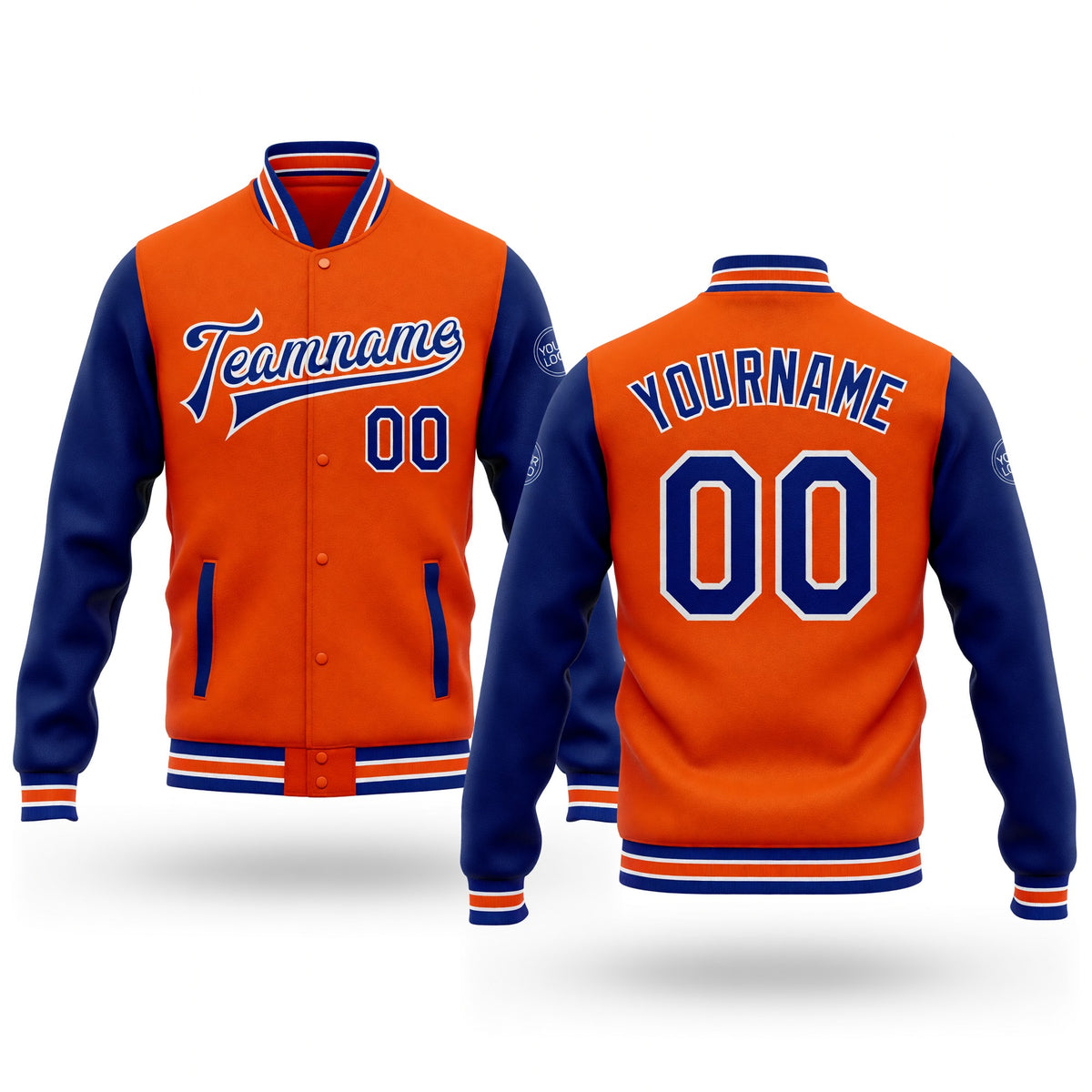Custom Orange Royal-White Bomber Full-Snap Varsity Letterman Two Tone Jacket