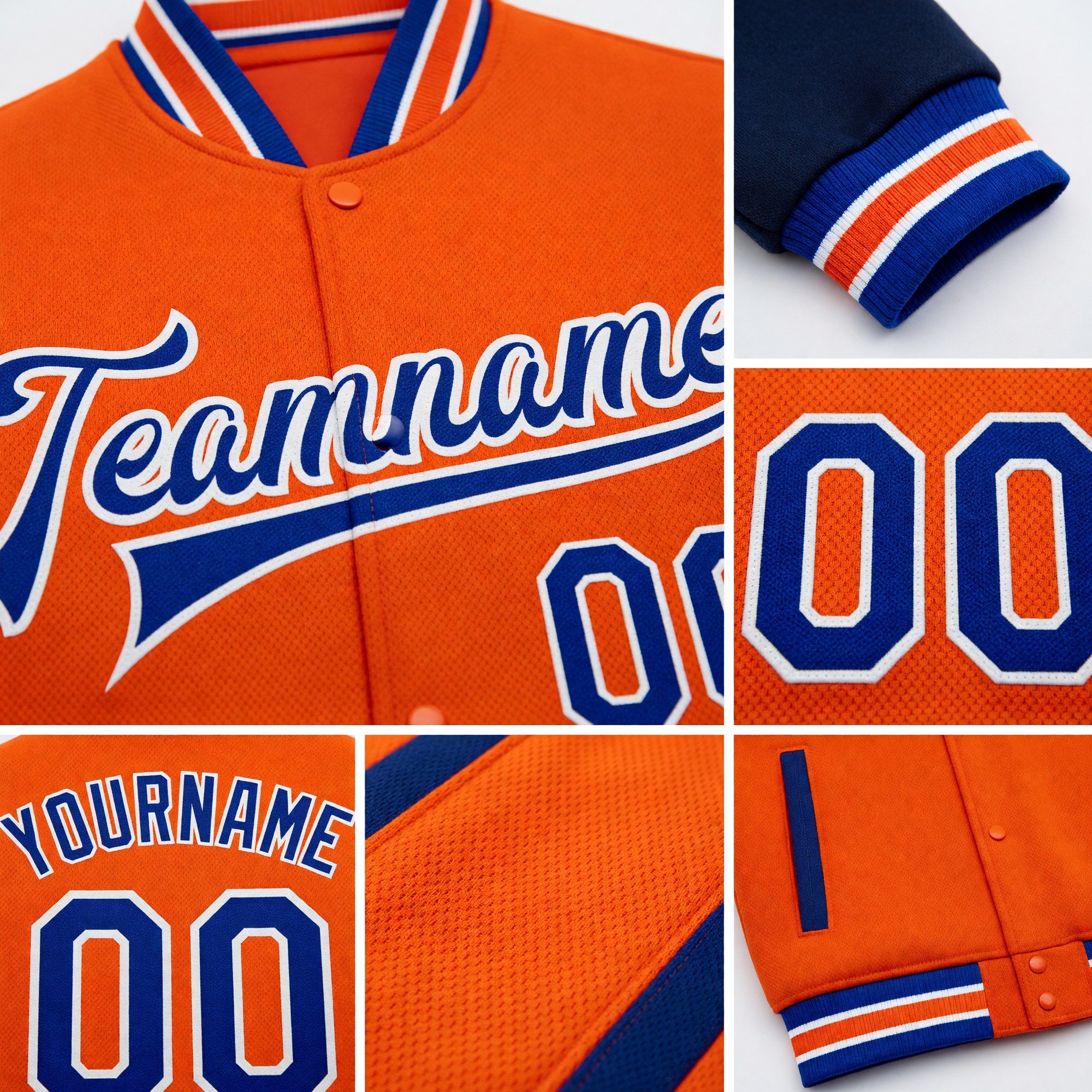 Custom Orange Royal-White Bomber Full-Snap Varsity Letterman Two Tone Jacket detail
