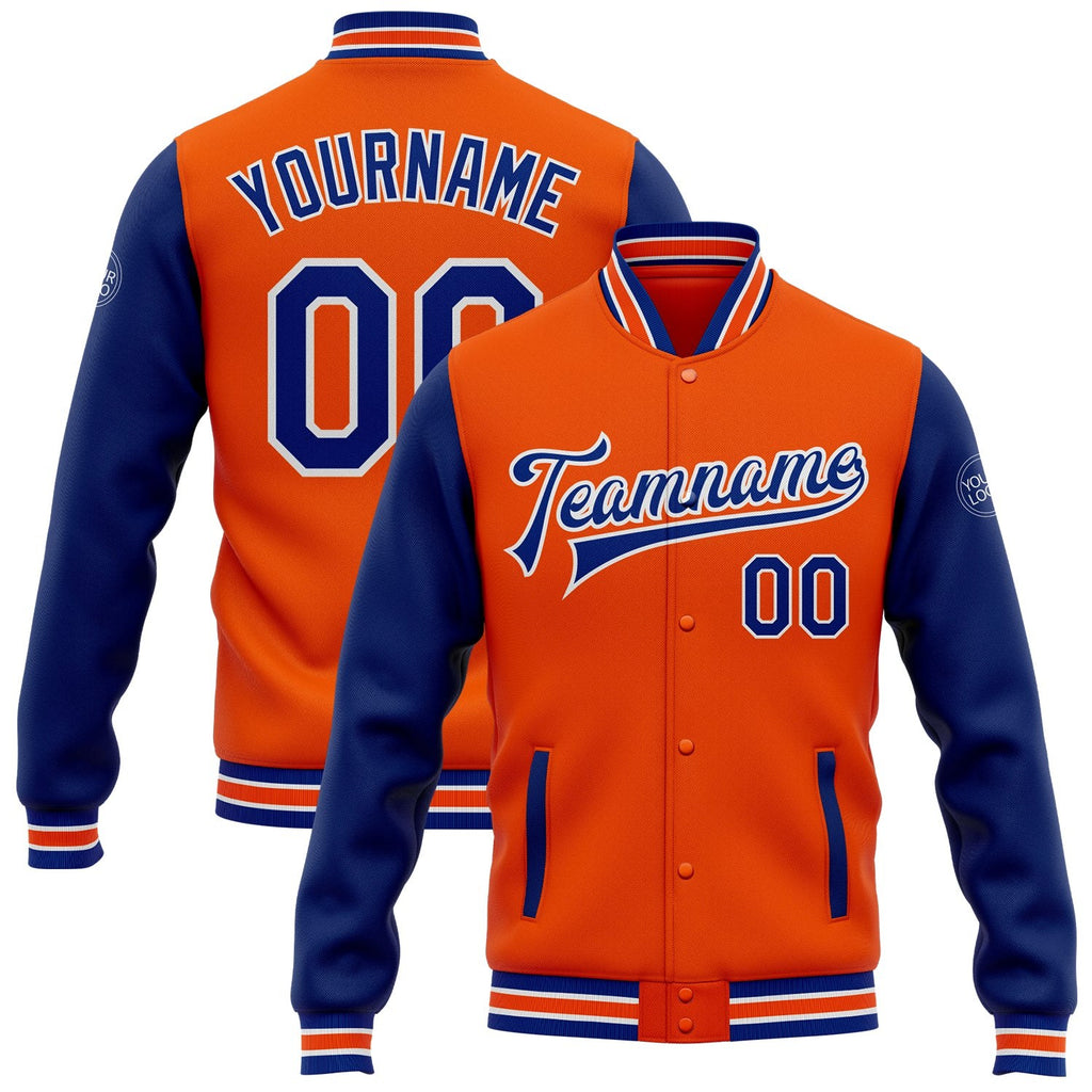 Custom Orange Royal-White Bomber Full-Snap Varsity Letterman Two Tone Jacket photo 1