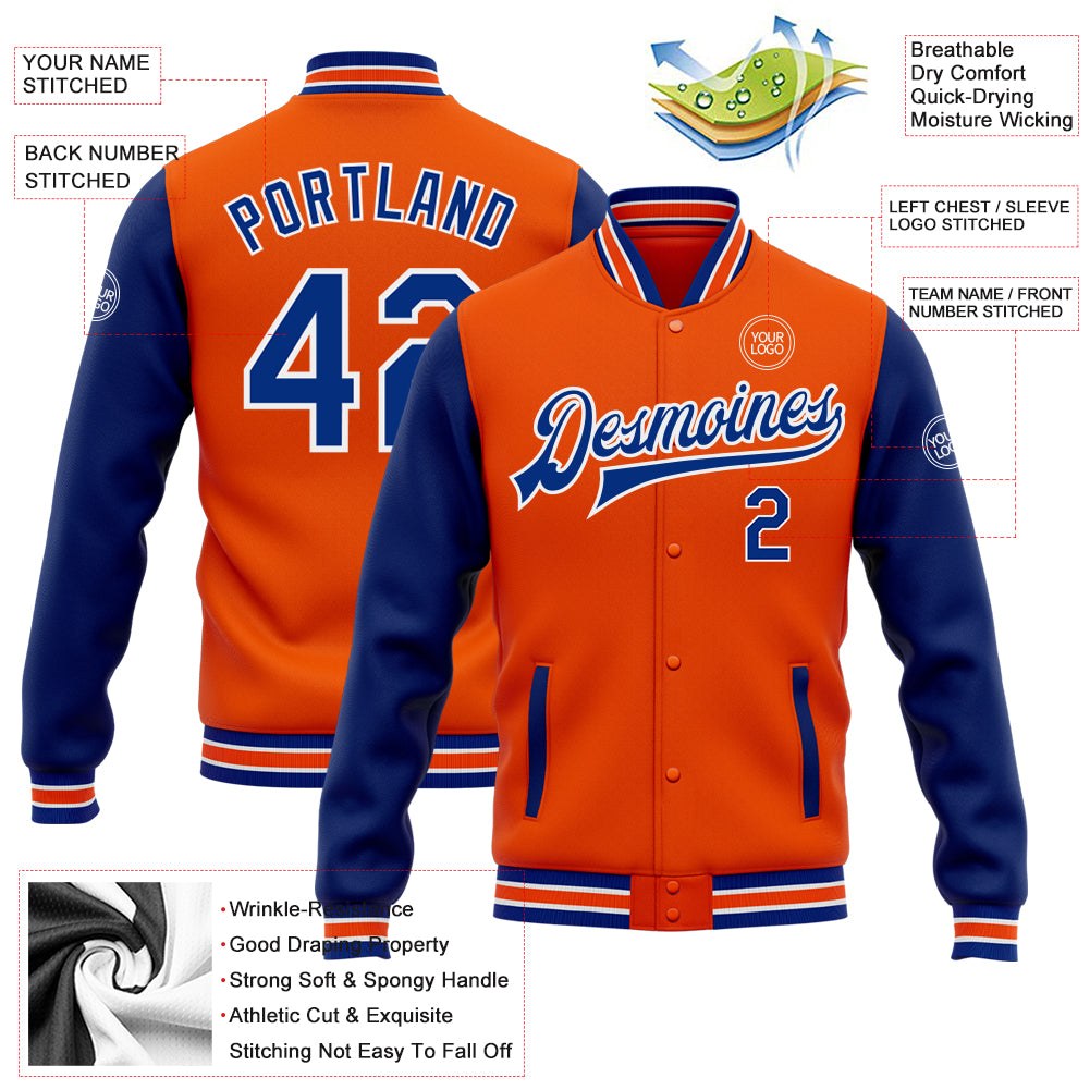 Custom Orange Royal-White Bomber Full-Snap Varsity Letterman Two Tone Jacket photo 5