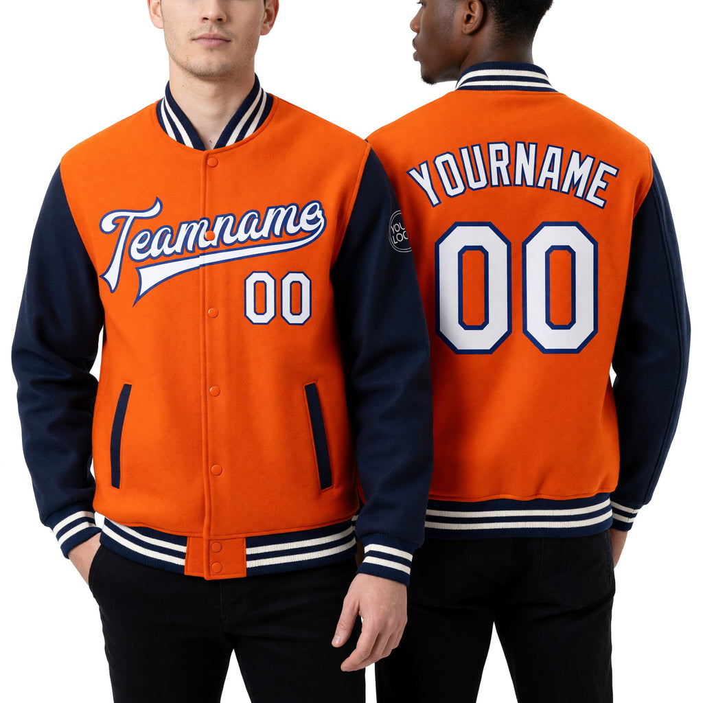 Custom Orange White-Royal Bomber Full-Snap Varsity Letterman Two Tone Jacket worn front and back