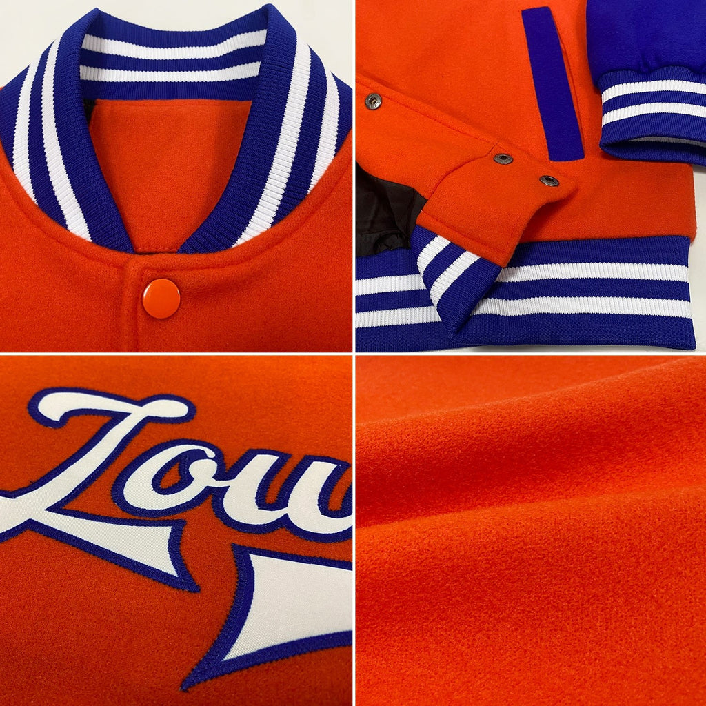 Custom Orange White-Royal Bomber Full-Snap Varsity Letterman Two Tone Jacket photo 4
