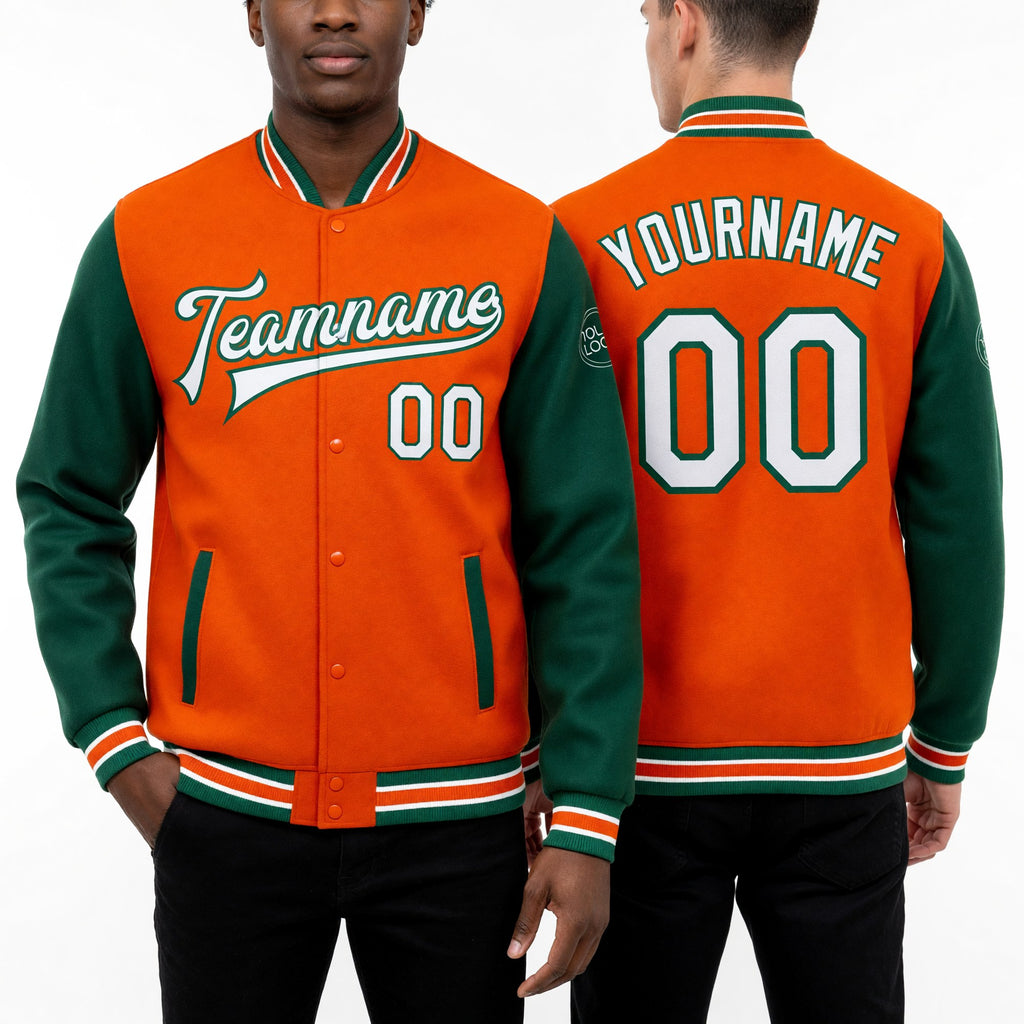 Custom Orange White-Kelly Green Bomber Full-Snap Varsity Letterman Two Tone Jacket worn front and back