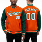 Custom Orange White-Kelly Green Bomber Full-Snap Varsity Letterman Two Tone Jacket worn front and back