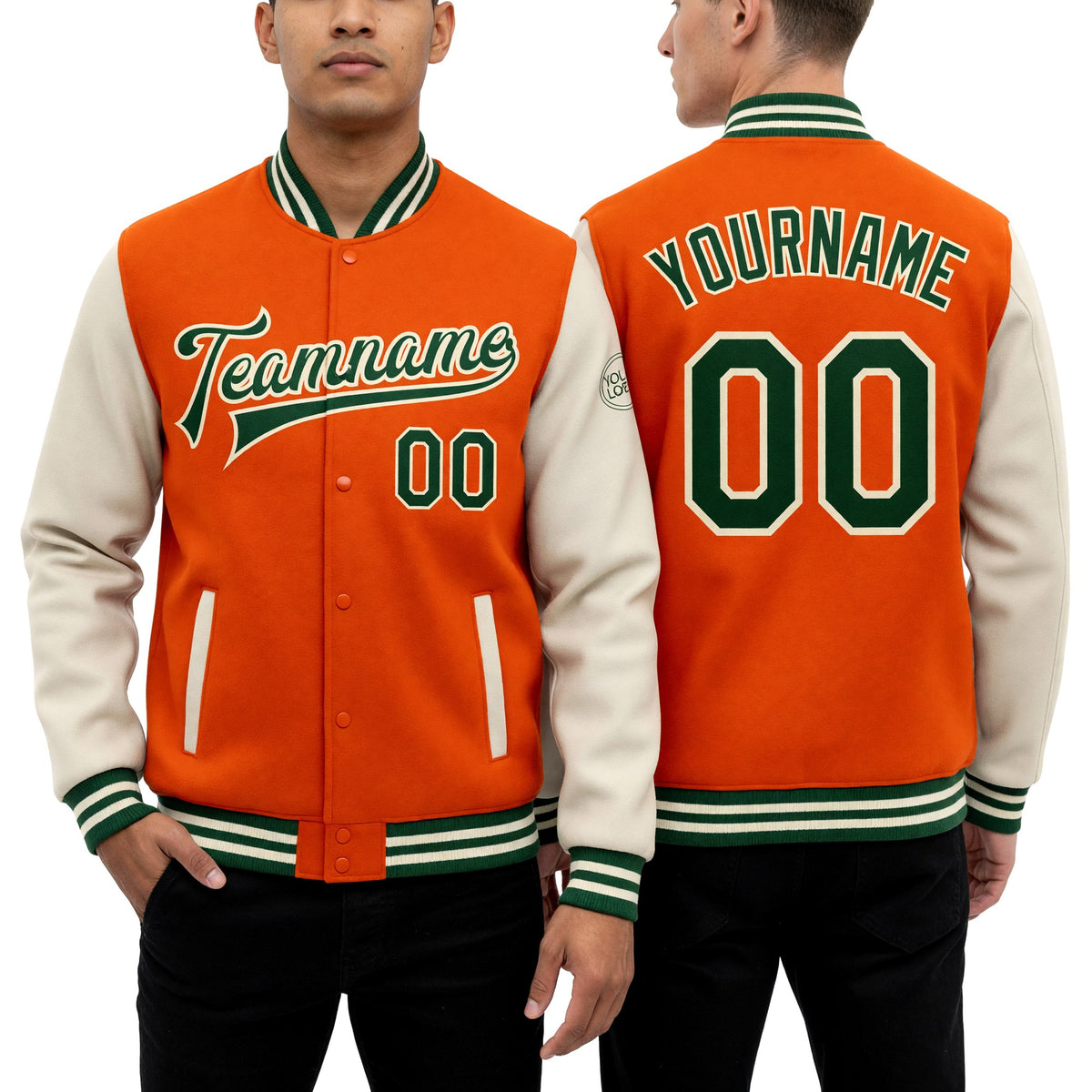Custom Orange Green-Cream Bomber Full-Snap Varsity Letterman Two Tone Jacket worn front and back