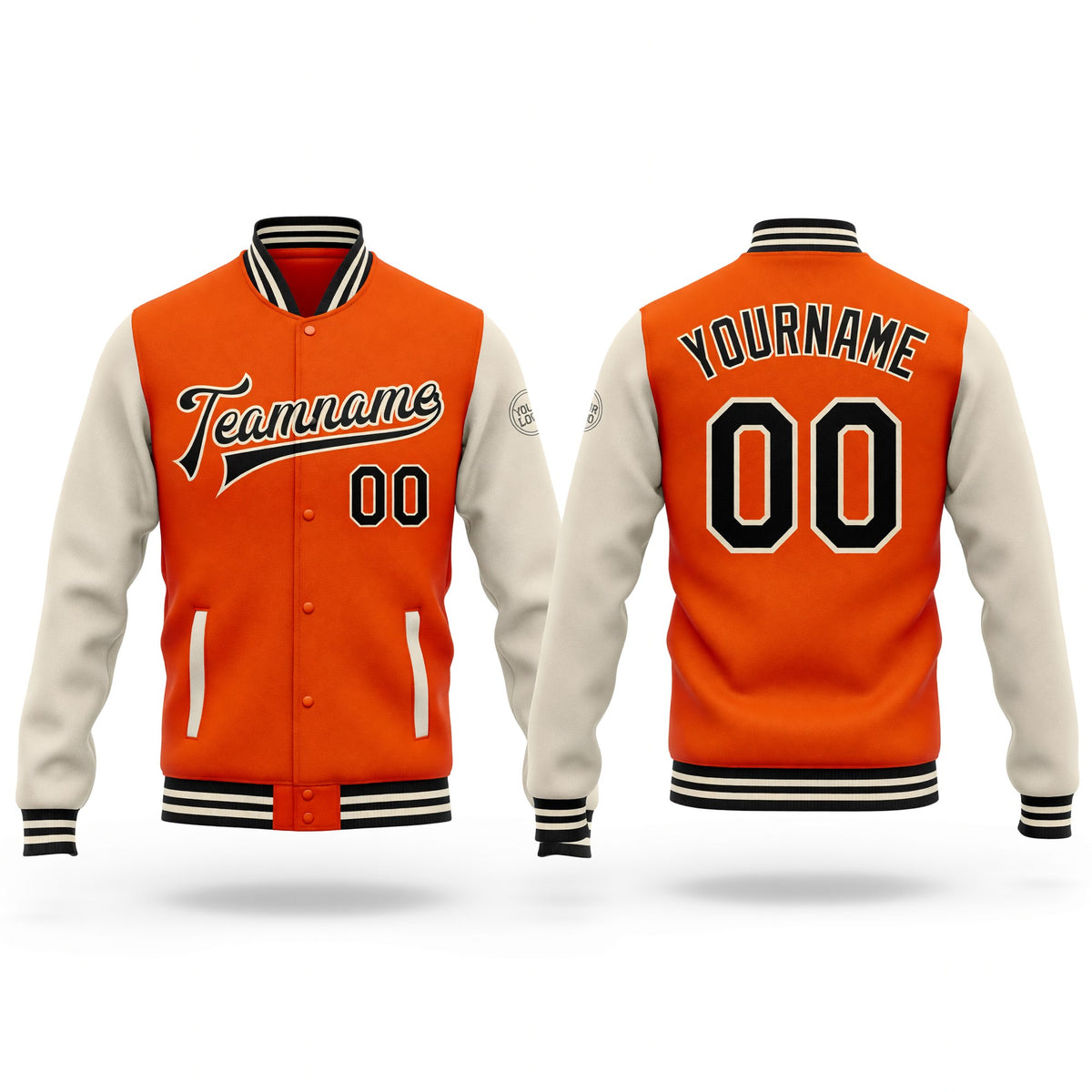 Custom Orange Black-Cream Bomber Full-Snap Varsity Letterman Two Tone Jacket