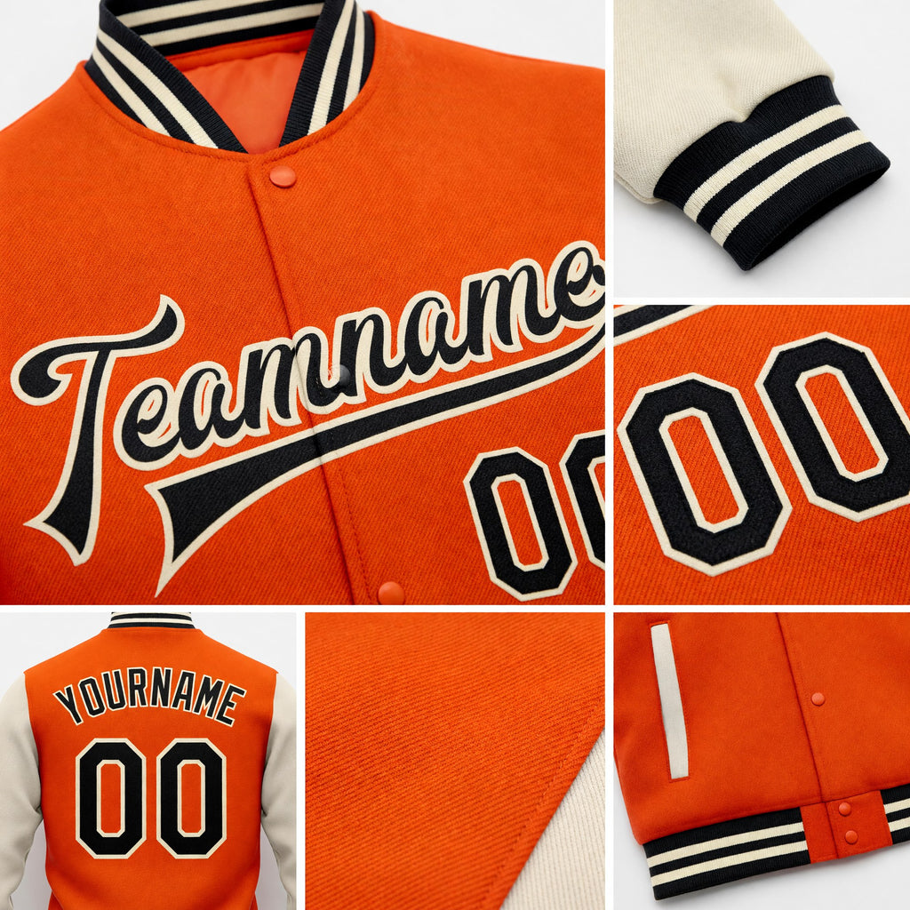 Custom Orange Black-Cream Bomber Full-Snap Varsity Letterman Two Tone Jacket detail