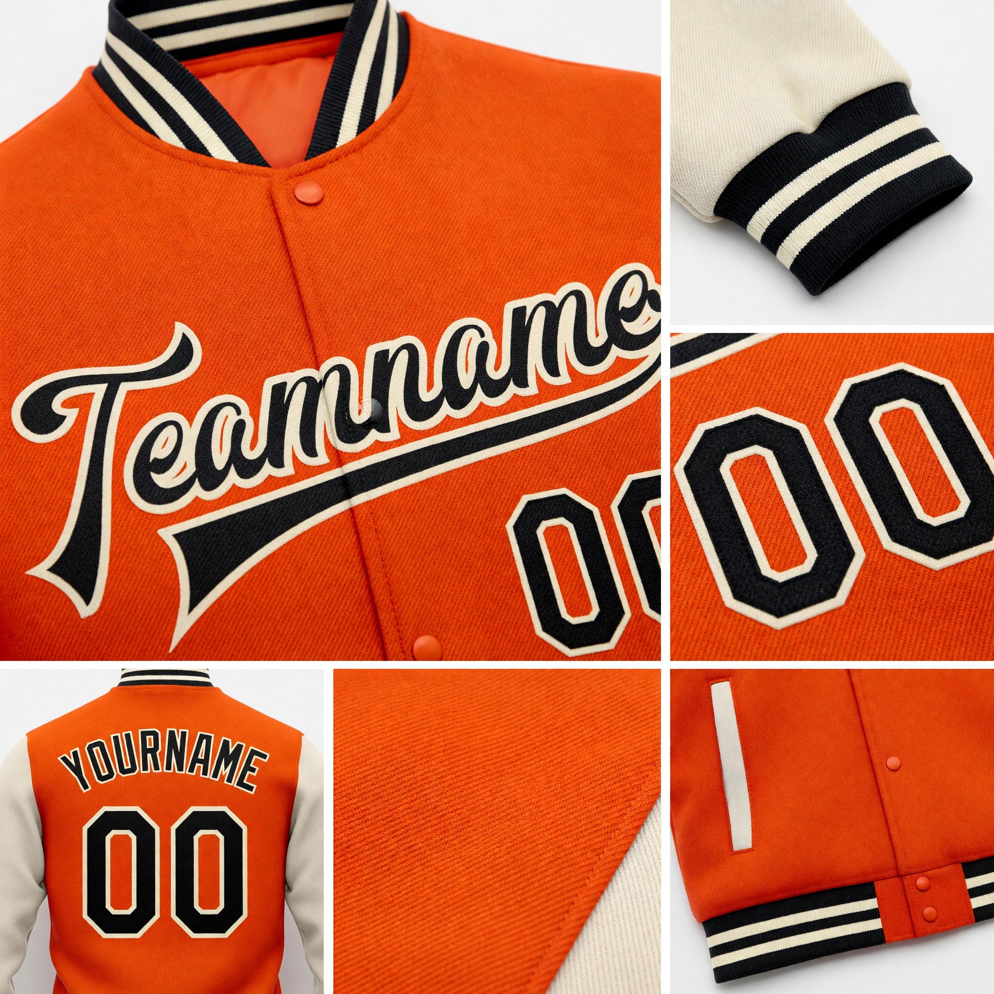Custom Orange Black-Cream Bomber Full-Snap Varsity Letterman Two Tone Jacket detail
