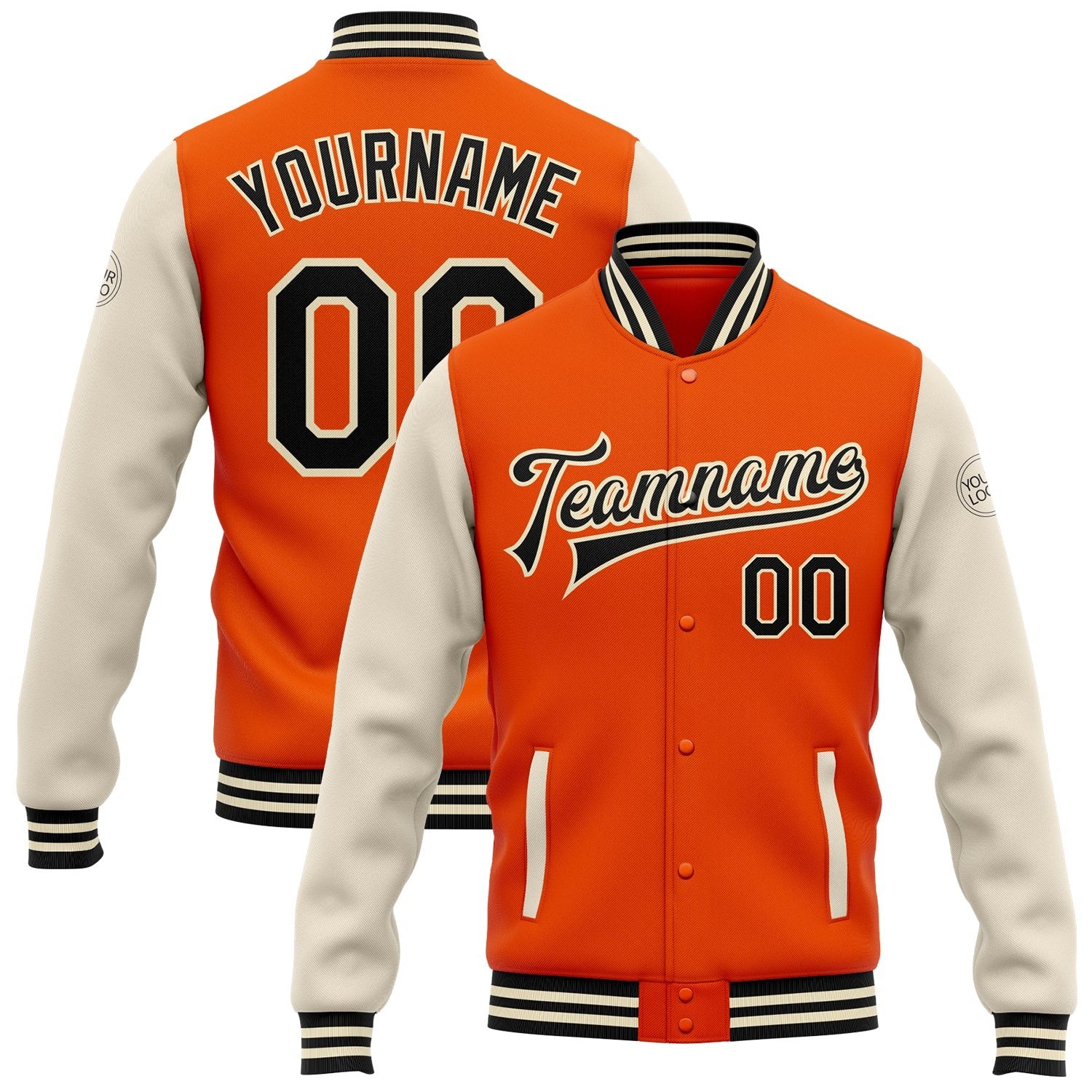 Custom Orange Black-Cream Bomber Full-Snap Varsity Letterman Two Tone Jacket photo 1